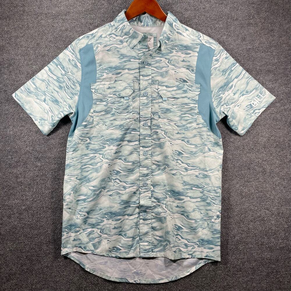 Gillz Button Down Fishing Shirt Men's Small Blue/White Camo Swirl Breathable